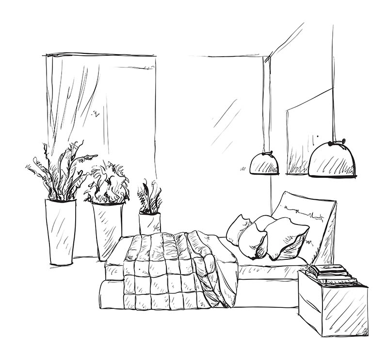 Bedroom modern interior sketch. Hand drawn furniture
